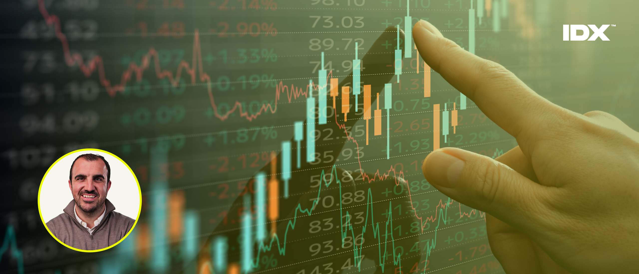 A representation of a stock exchange with an inset of Chris Corrigan